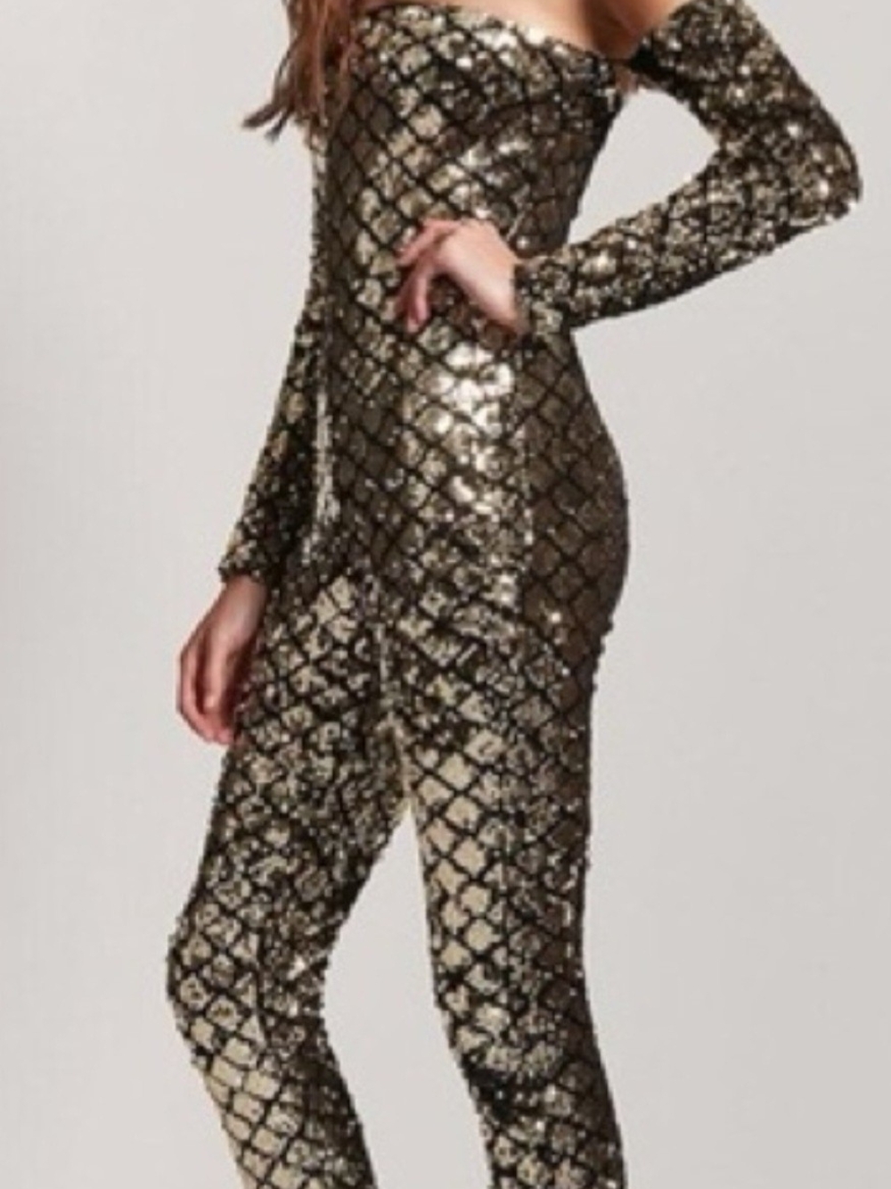 Forever 21 Gold Sequin Off-Shoulder Jumpsuit